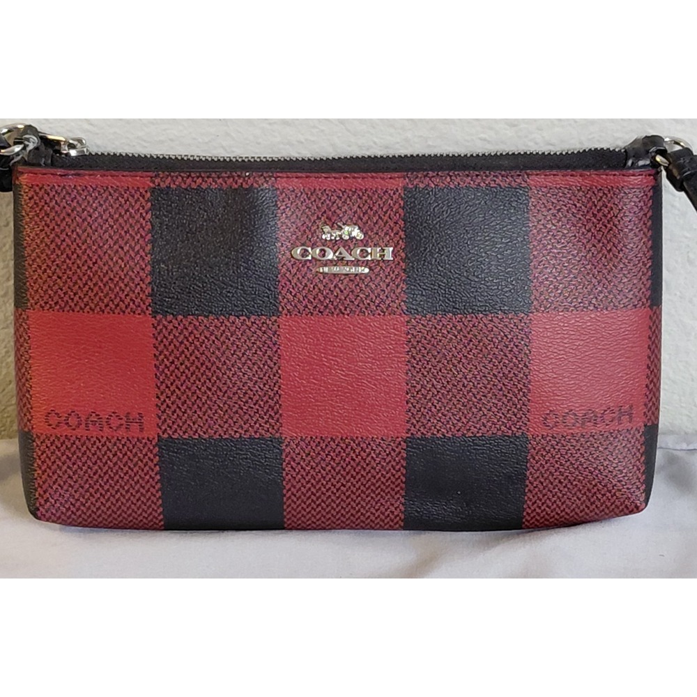 Coach Zip Top Crossbody Bag Buffalo Plaid Red Black Canvas Clutch MSRP $198